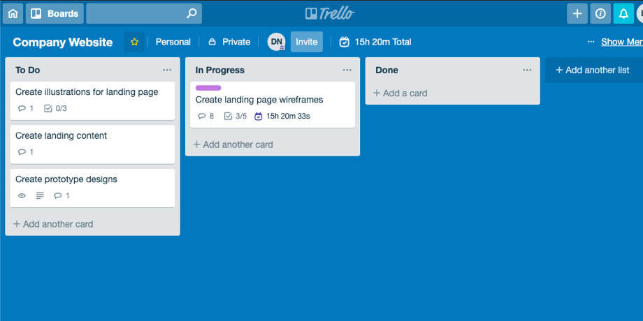 Tracking time for projects in Trello integrated with Timenotes
