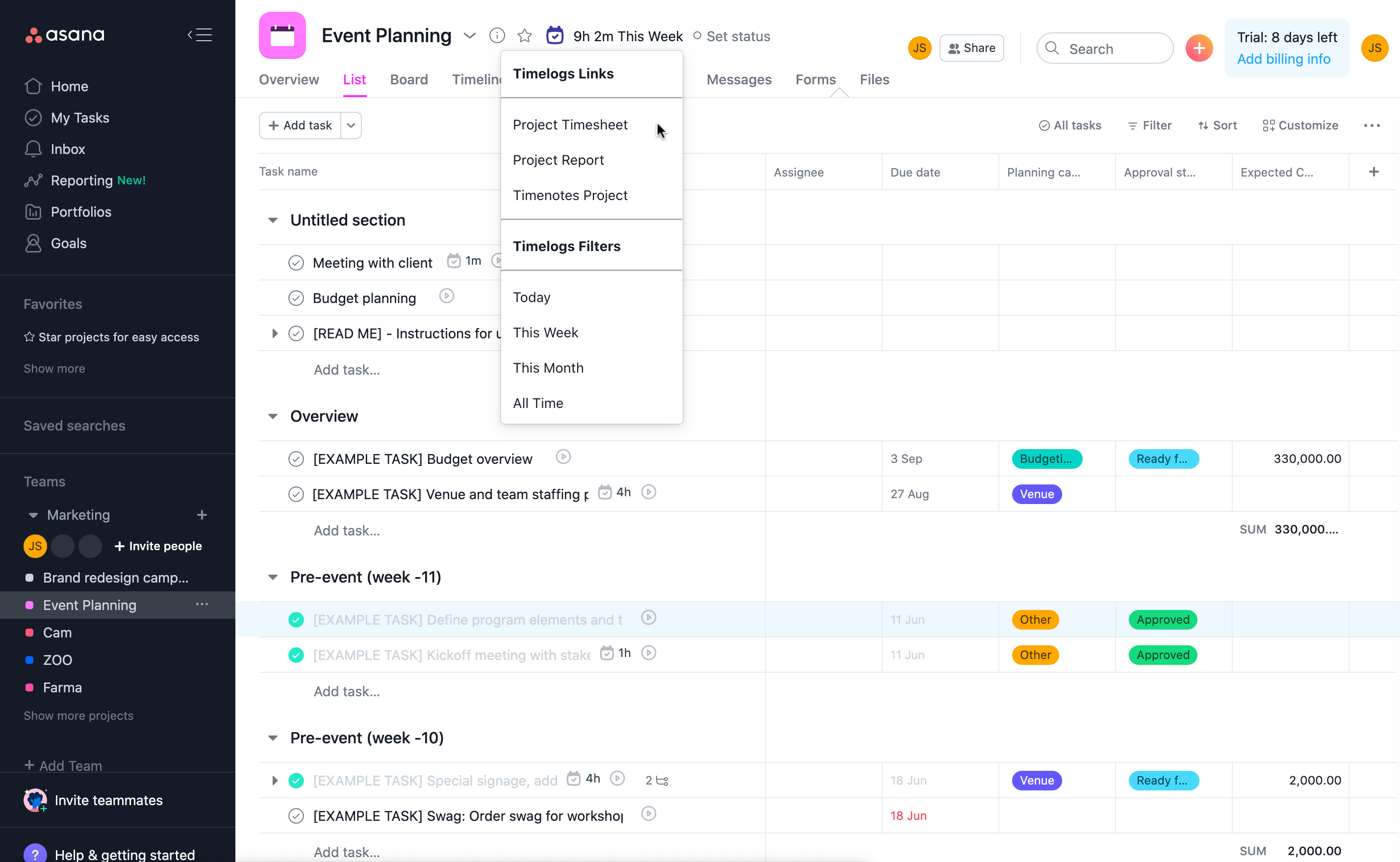 Interface from asana time tracking integration