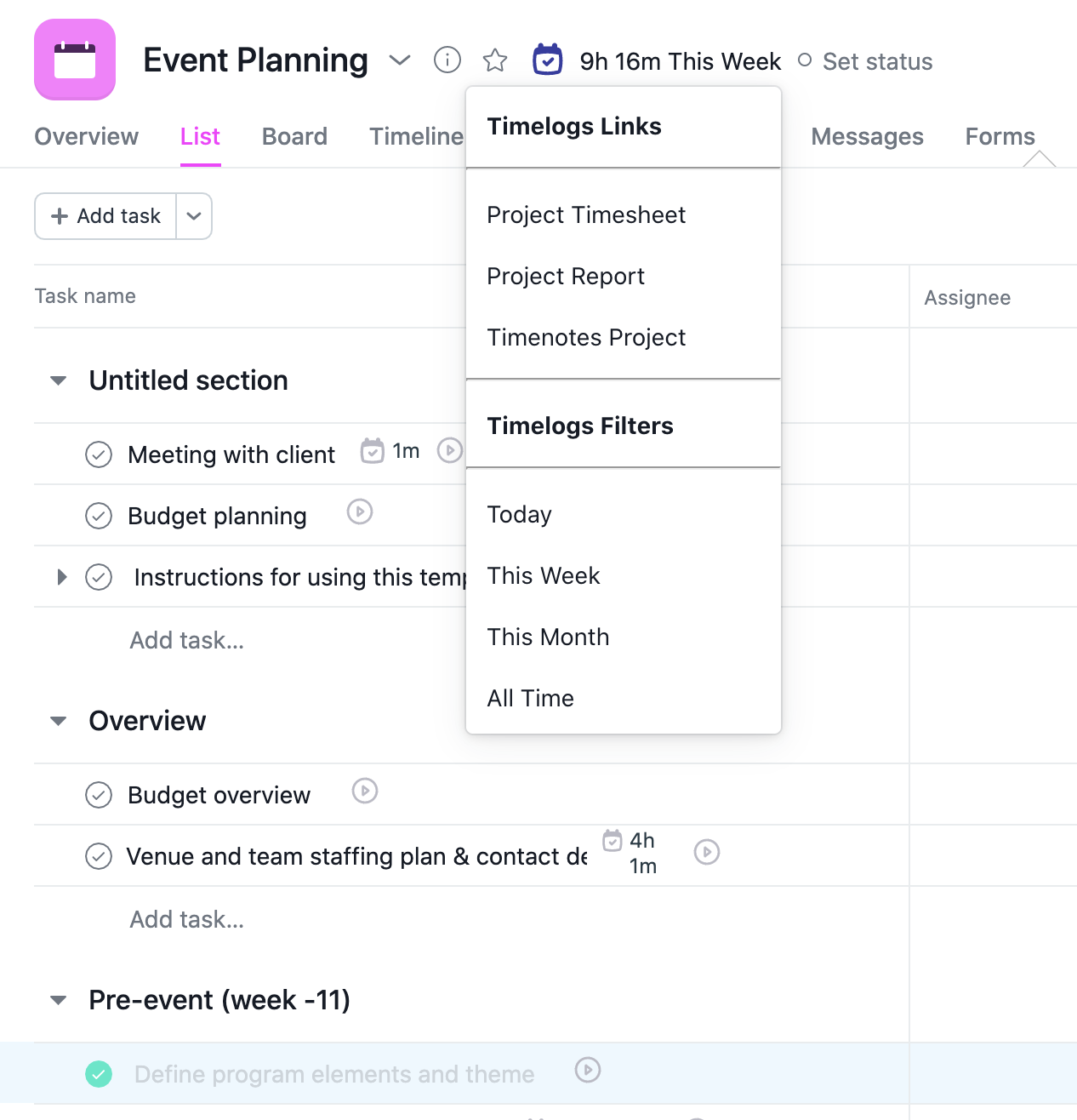 Importing projects into Asana time tracker